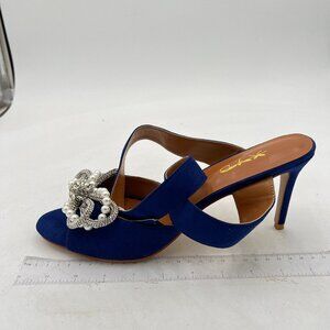 XYD Navy High Heel Pearl Bow Slingback Sandals Open Toe Buckled Dress Shoes